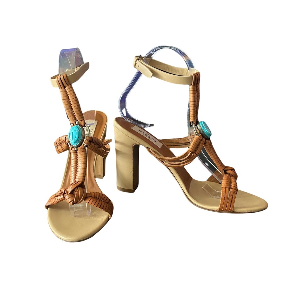 Valentino Cognac Braided Leather Turquoise Stone Sandals [LIKE NEW]